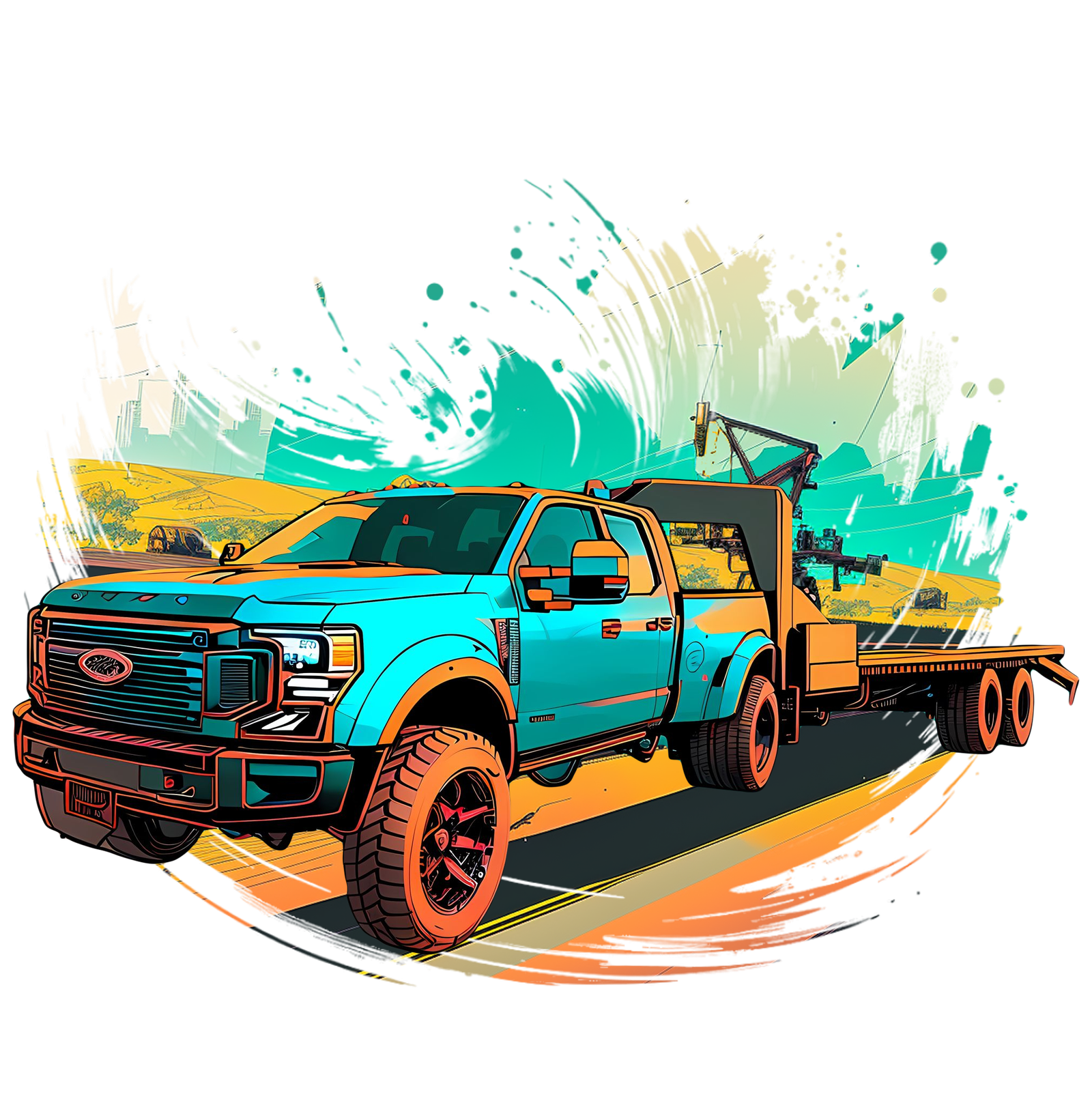 Colorful graphic T-shirt design featuring a turquoise and orange pickup truck with a gooseneck trailer, created by YopImages.com.