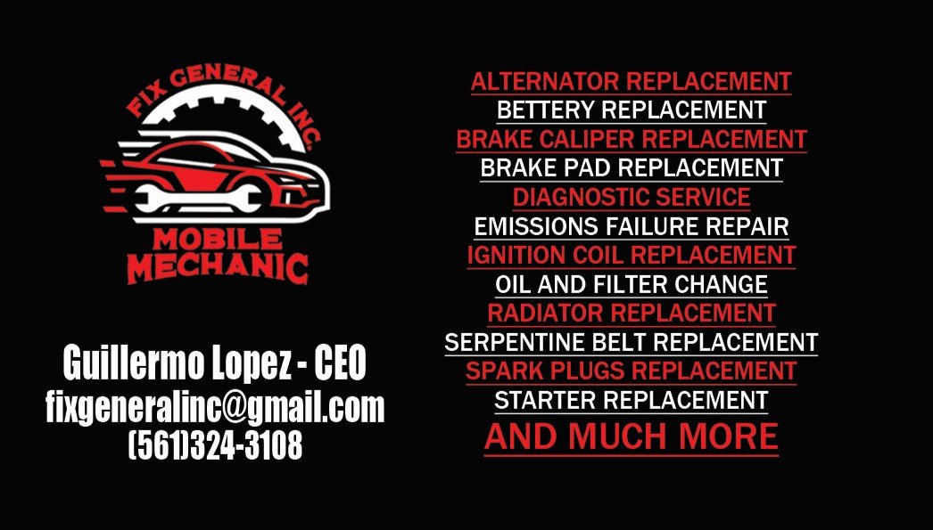 Business card for Fix General Inc. Mobile Mechanic designed by YopImages.com, showcasing automotive repair services.